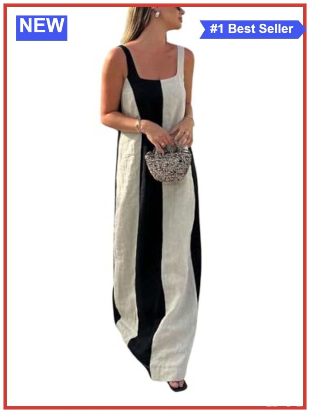 Sleeveless Linen Maxi Dress Contrast Color Beach Vacation Tank Dress